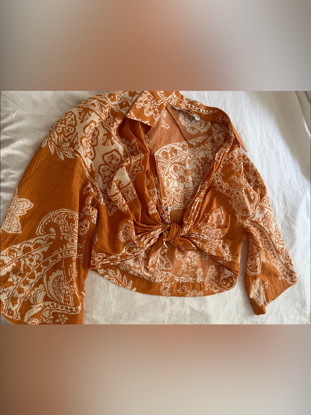 Zara White Paisley Tie-Front Orange Crop Shirt - Picture 3 of 5